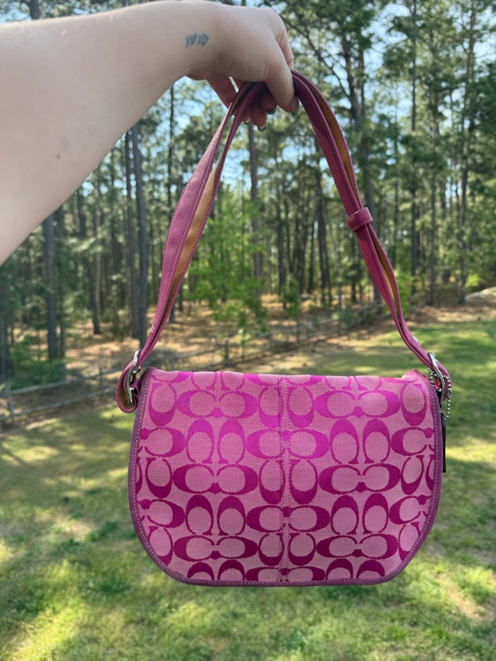 Coach Pink Signature Jacquard Saddle Shoulder Bag